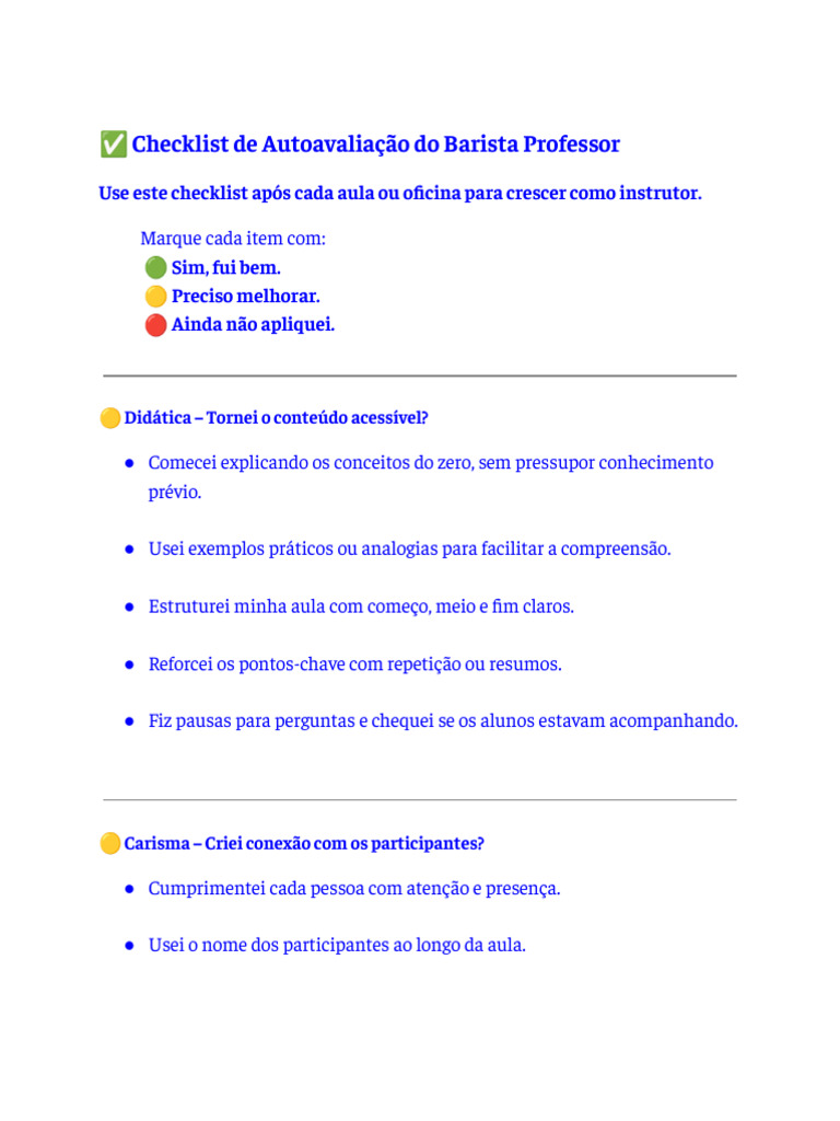 Checklist de Autoavaliação para Baristas | PDF