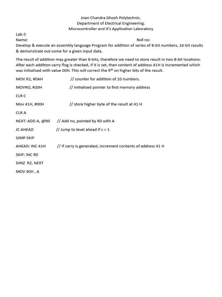 Assembly Program for 8-Bit Number Addition | PDF