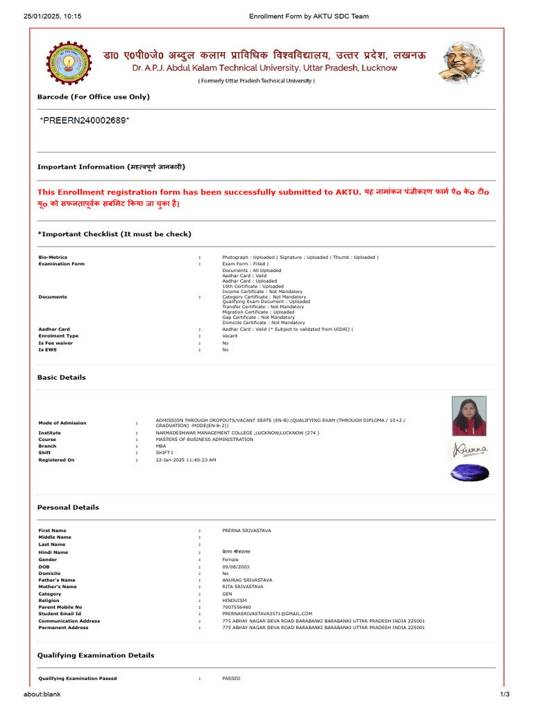 AKTU Enrollment Form Submission 2025 | PDF