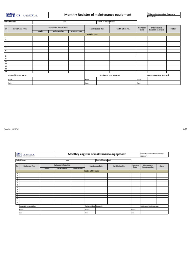 Monthly Equipment Maintenance Register | PDF | Vehicles | Transport