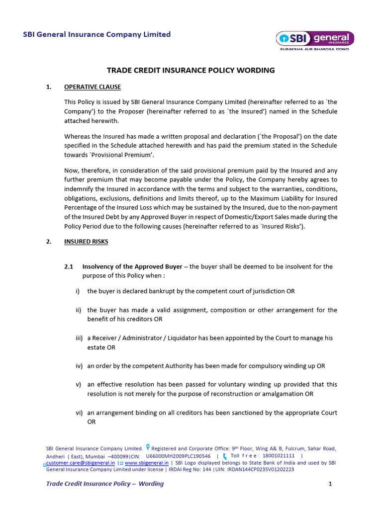 Trade Credit Insurance Policy Details | PDF | Insurance | Indemnity