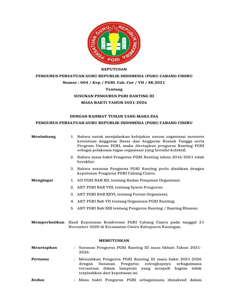 Susunan Pengurus PGRI Ranting III 2021-2026 | PDF