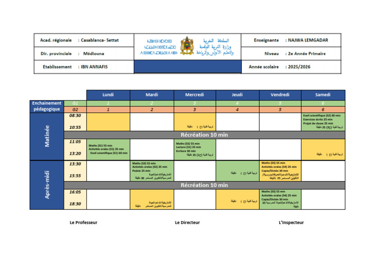 Emploi du temps scolaire détaillé | PDF