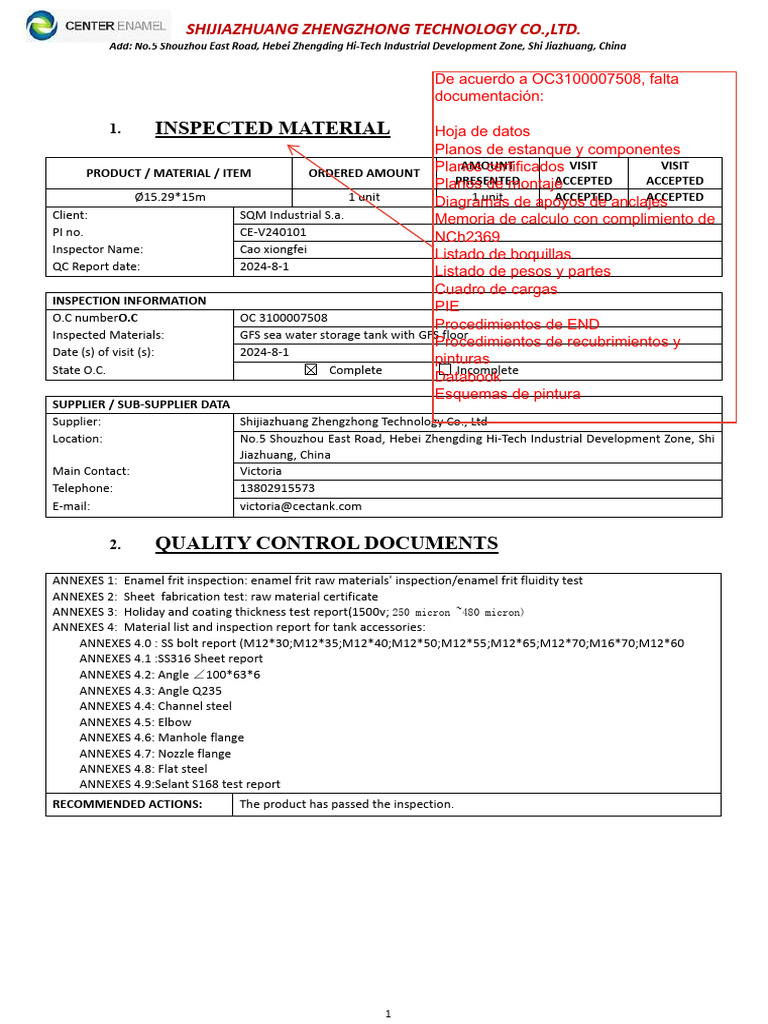 OC 3100007508 Quality Dossier | PDF