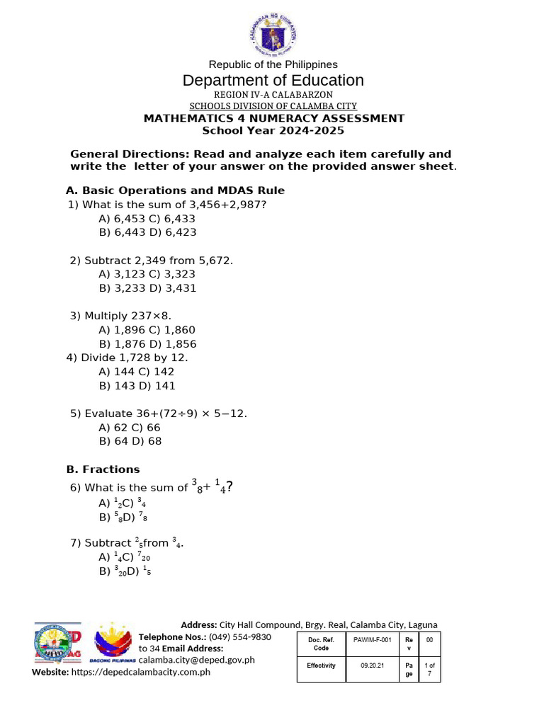 Grade 4 Mathematics Numeracy Assessment | PDF | Geometric Shapes ...