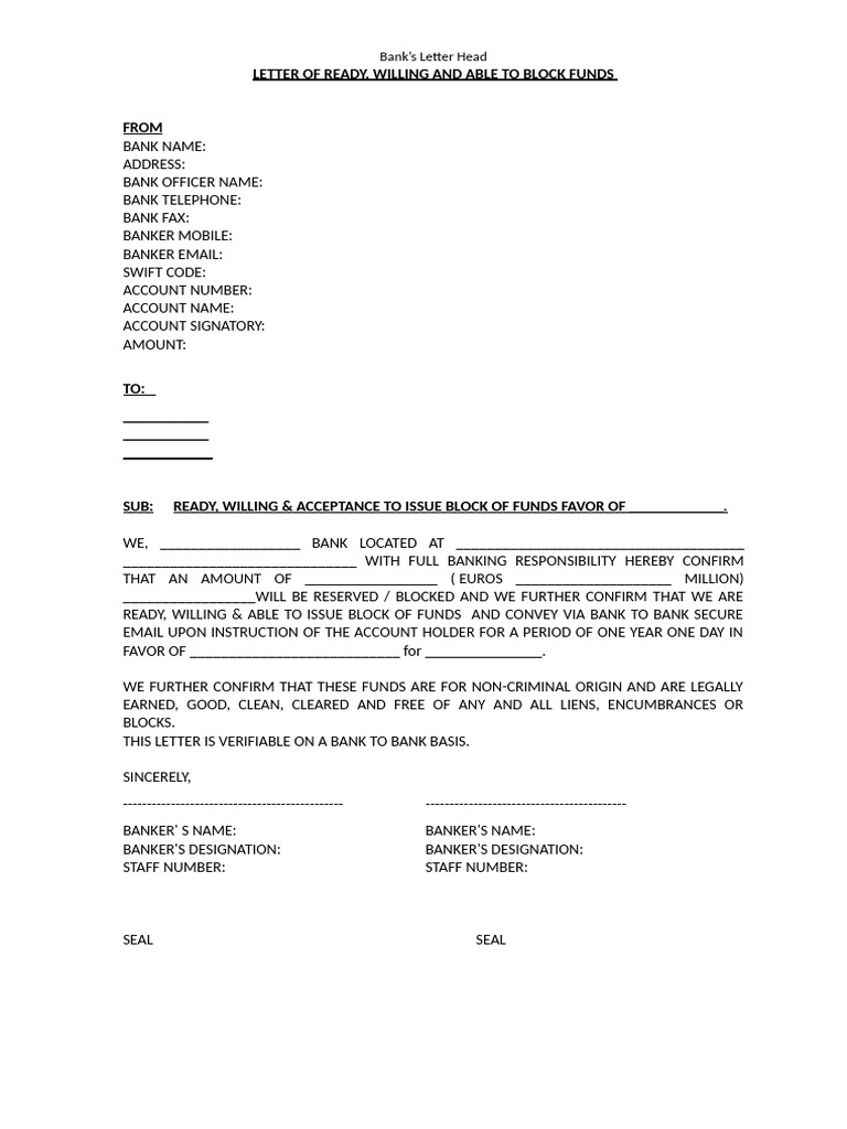 Bank Letter for Fund Blocking Confirmation | PDF
