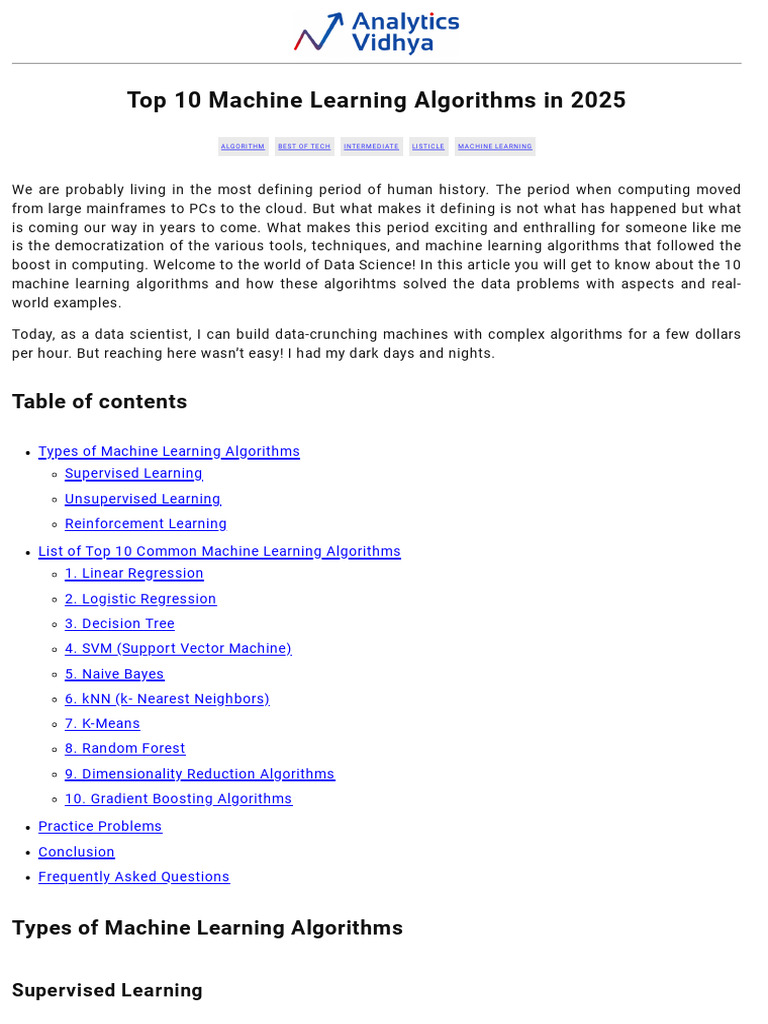 Top 10 Machine Learning Algorithms 2025 | PDF | Regression Analysis ...