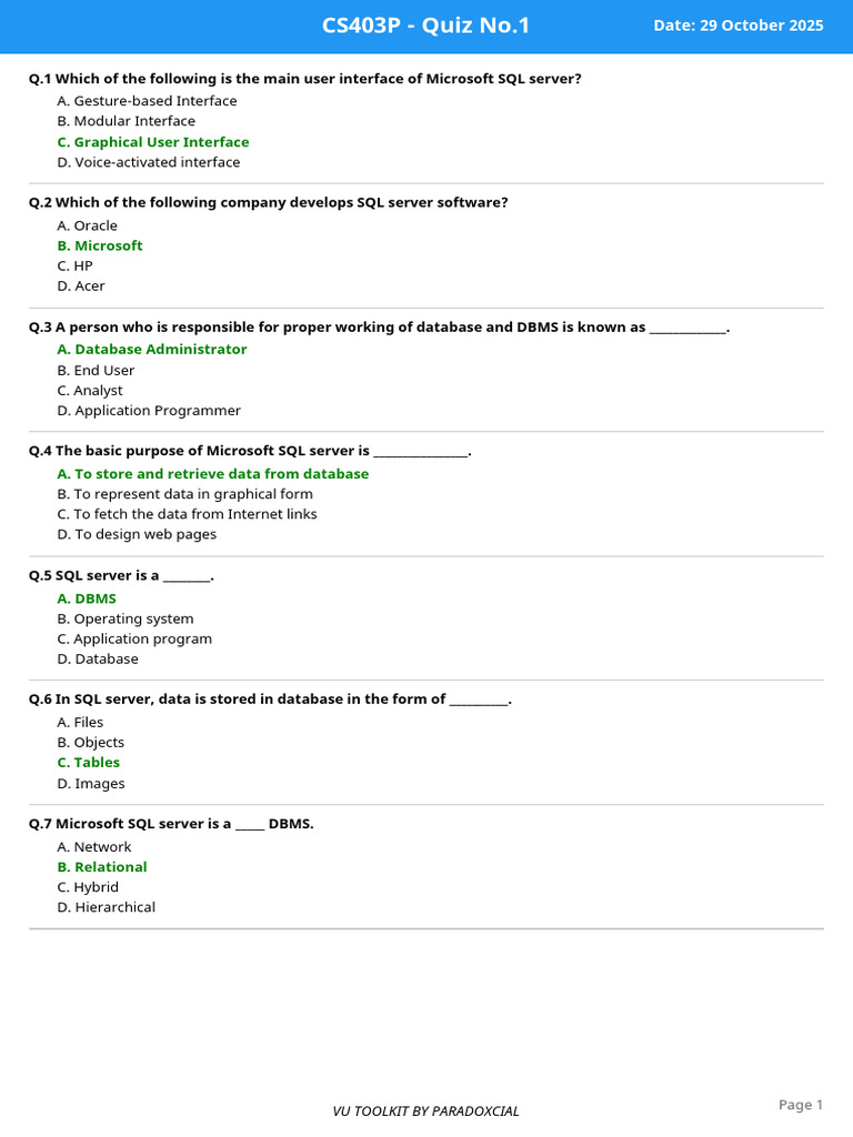 Microsoft SQL Server Quiz Insights | PDF