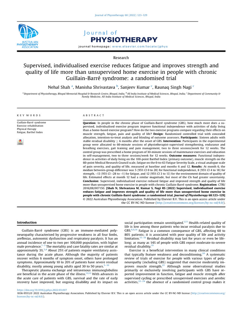 Supervised Exercise for Guillain-Barré Recovery | PDF | Physical ...