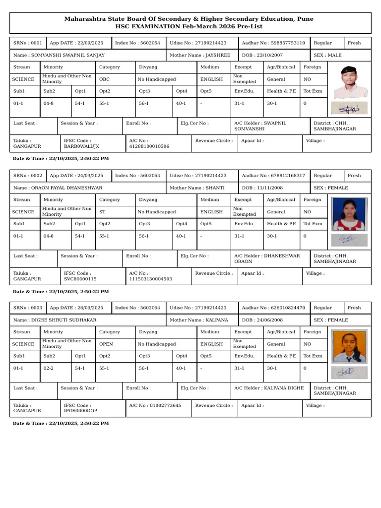 Maharashtra HSC Exam 2026 Pre-List | PDF | Schools | Government Of India