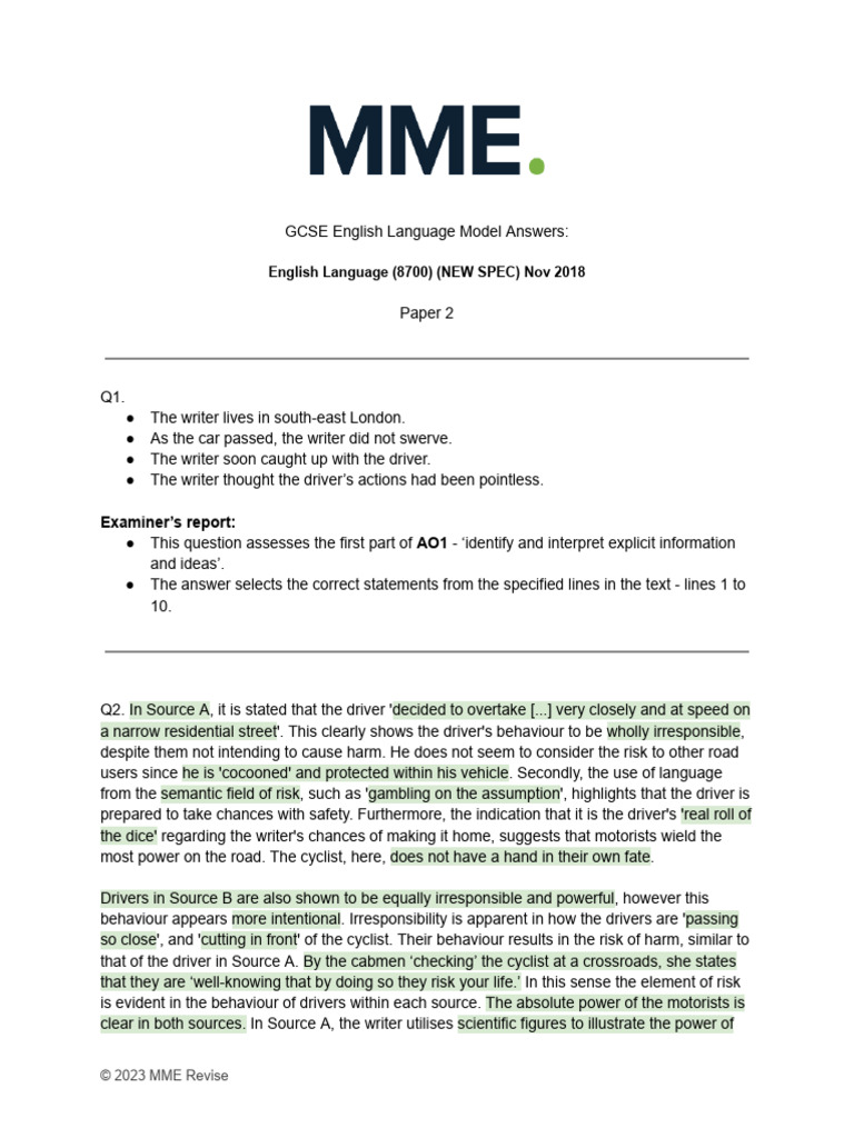 GCSE English Language Model Answers | PDF | Driving | Risk