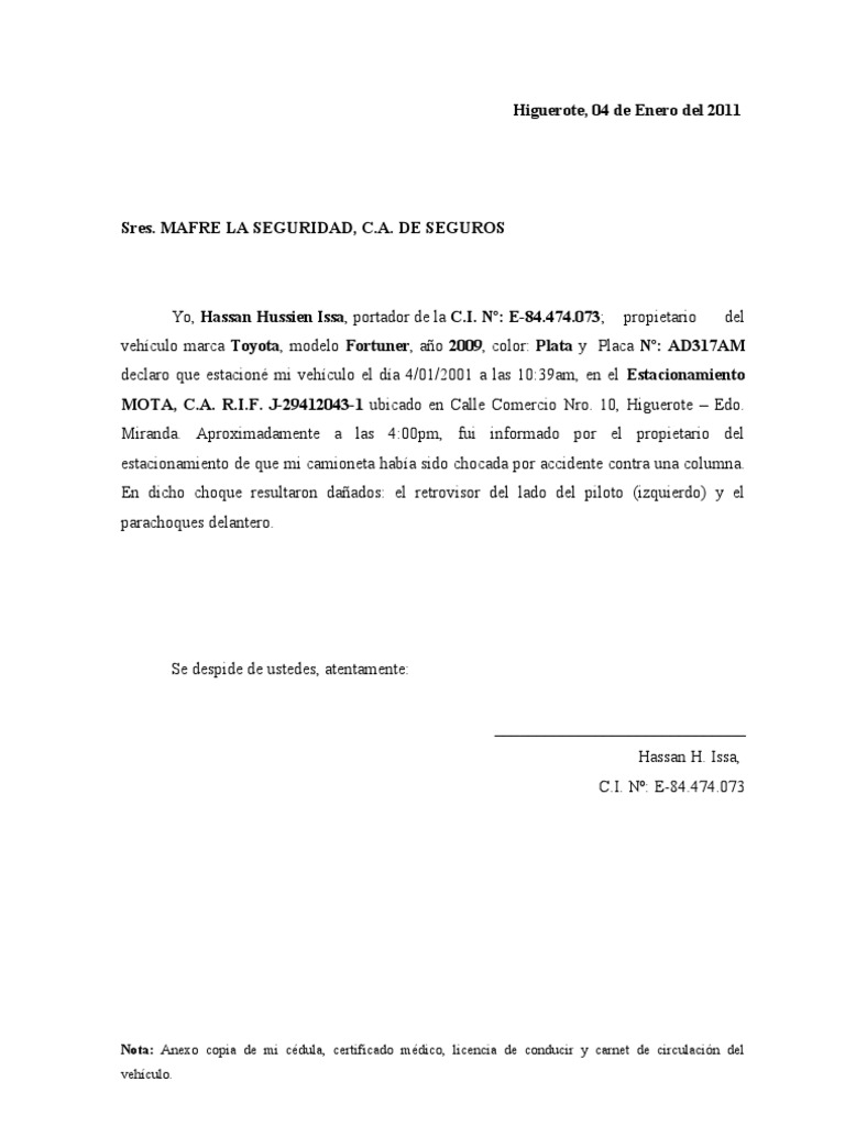 MODELO Carta Notificacion de Accidente SEGURO Industria automotriz