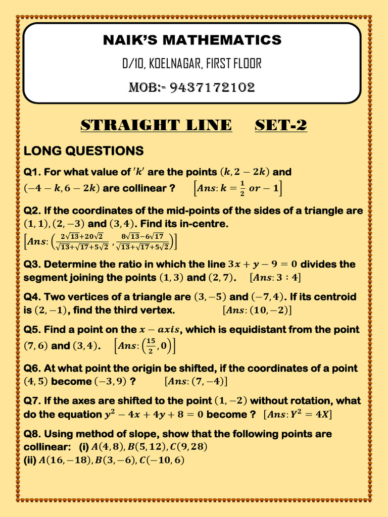 Class Xi Straight Line Long Questions Set - 2 | PDF | Line (Geometry ...