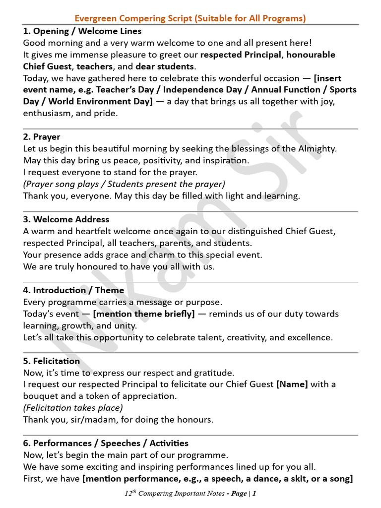 Evergreen Compering Script Guide | PDF | Gratitude | Madam