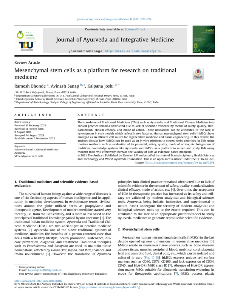 Mesenchymal Stem Cells As A Platform For Res 2021 Journal of Ayurveda ...