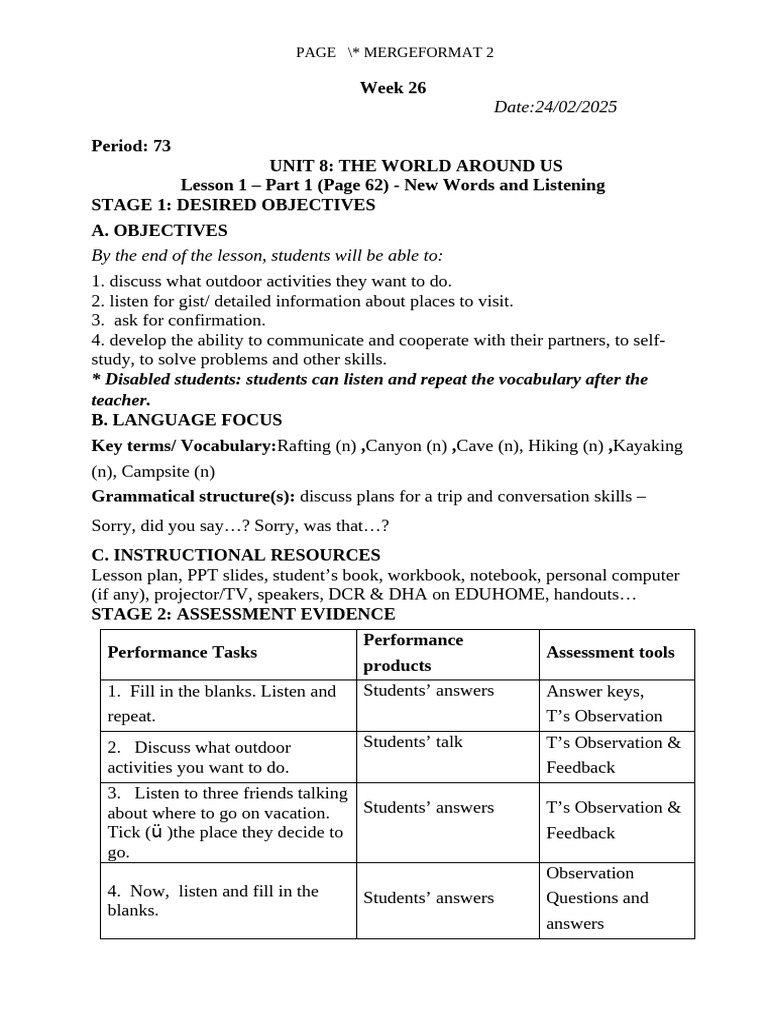 Outdoor Activities Lesson Plan | PDF | Vocabulary | Outdoor Recreation