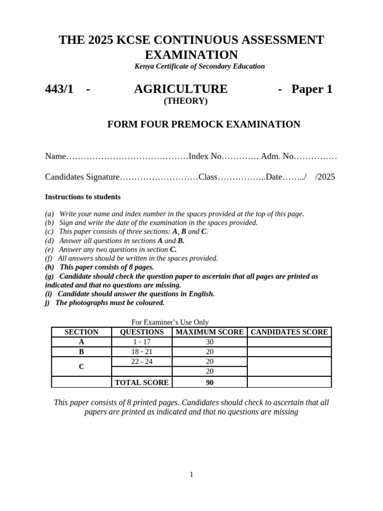 KCSE Agriculture Paper 1 Mock Exam 2025 | PDF | Botany | Agricultural ...