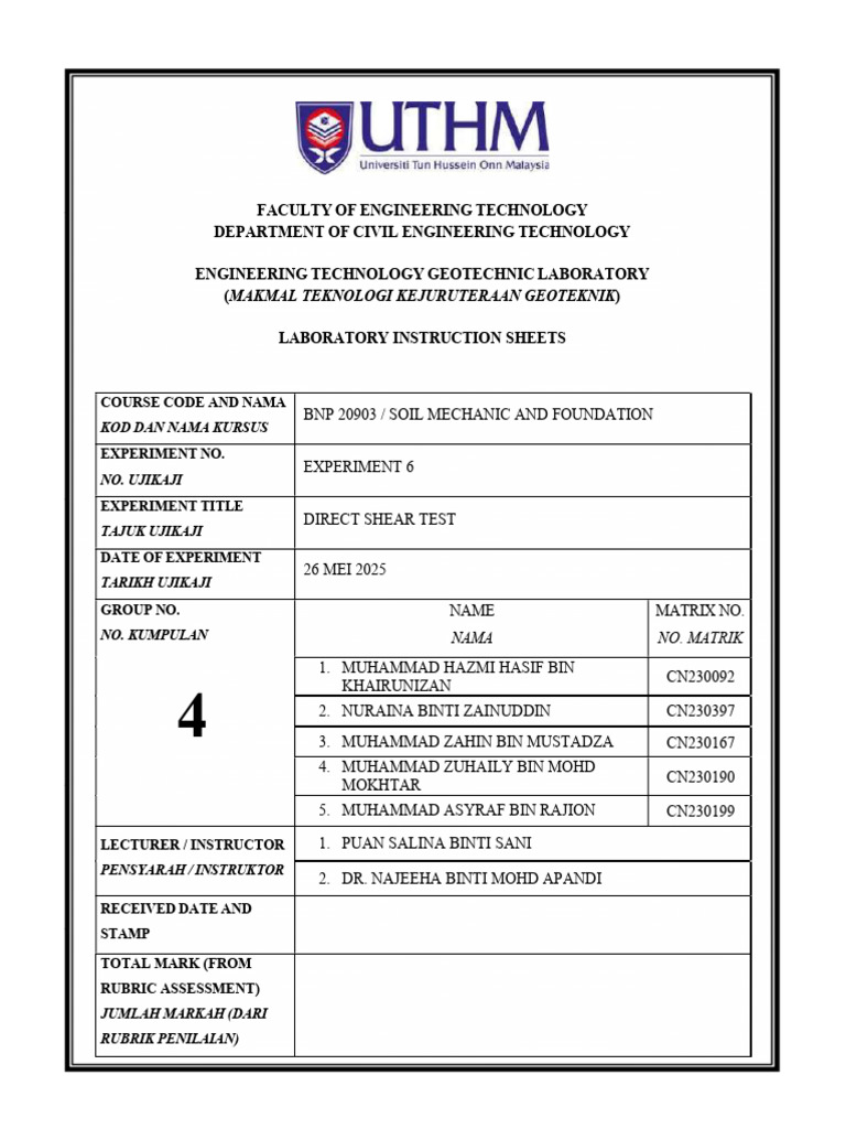 S5 - G4 - Lab Report Experiment 6 (Direct Shear Test) | PDF ...