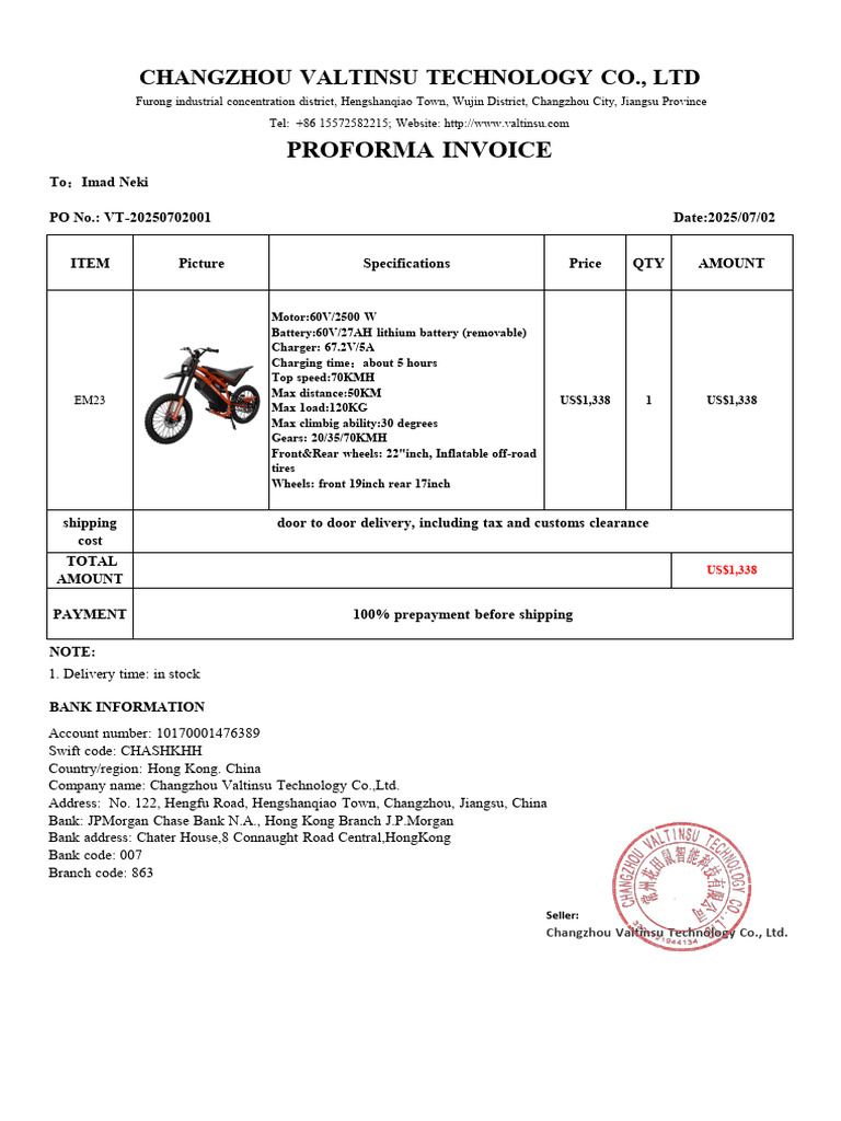 Proforma Invoice for EM23 Motorbike | PDF | Land Vehicles | Vehicle ...