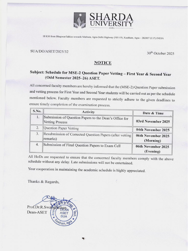 Notice - Schedule For MSE-2 Question Paper Vetting - First Year ...