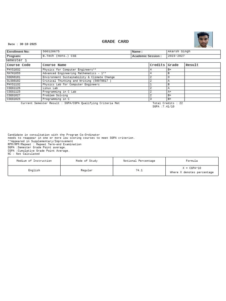 BTech CS H CSE SEM 1 SEM GRADE CARD 3 1761829745701 STD | PDF