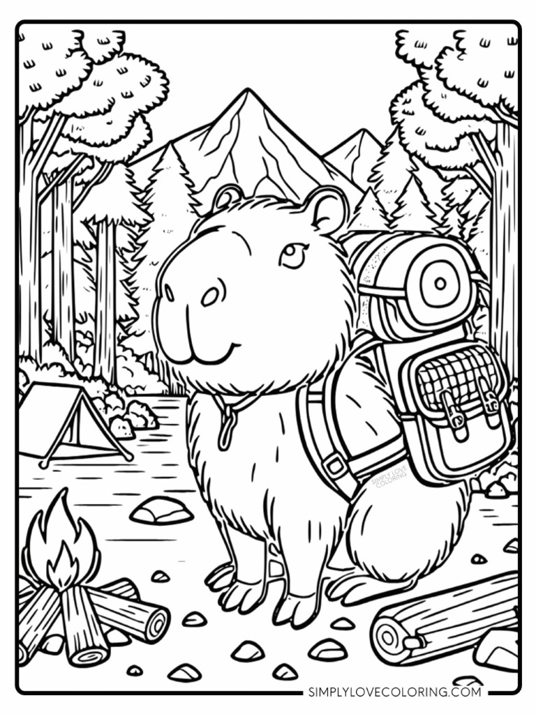 Camping Capybara Coloring Pages | PDF