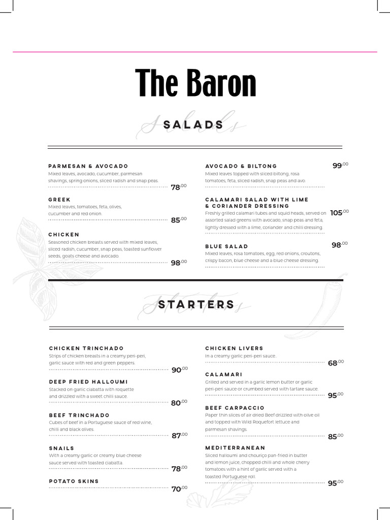 Baron Menu: Salads, Grills, and More | PDF | Hamburgers | Salad