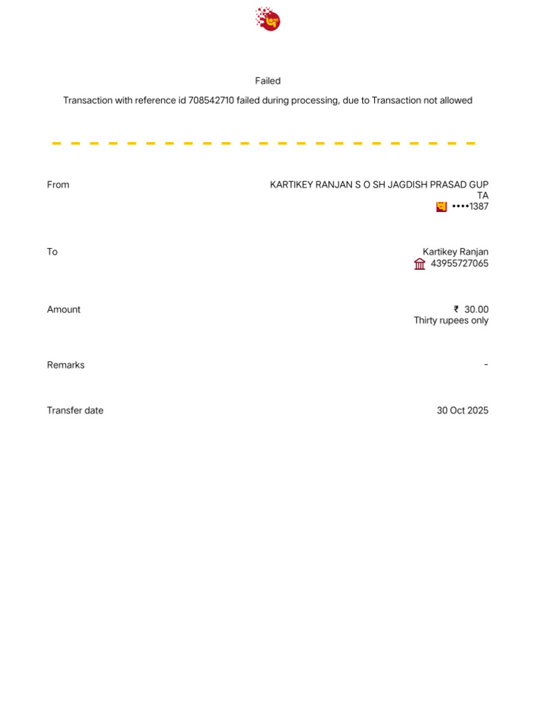 Failed Transaction Alert: ₹30 Transfer | PDF
