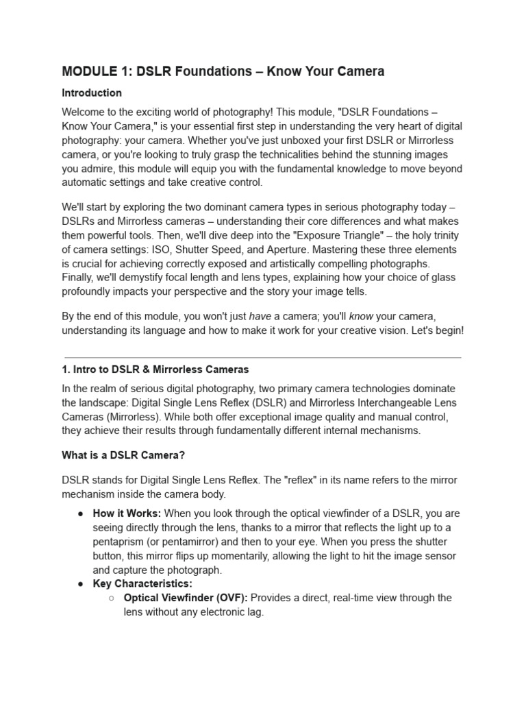MODULE 1 - DSLR Foundations - Know Your Camera | PDF | Camera | Camera Lens