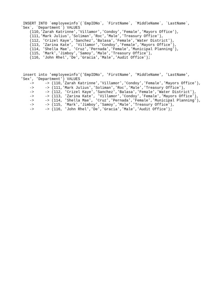 Employee Info SQL Insert Statements | PDF