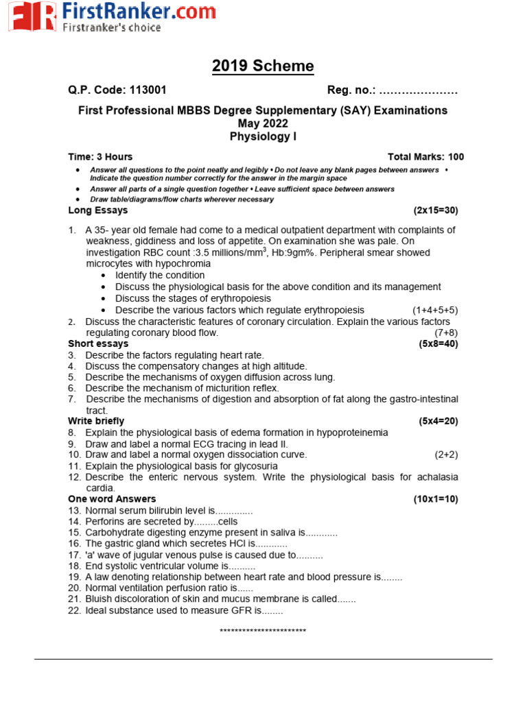 MBBS Physiology Exam Questions 2022 | PDF | Blood Pressure | Digestion