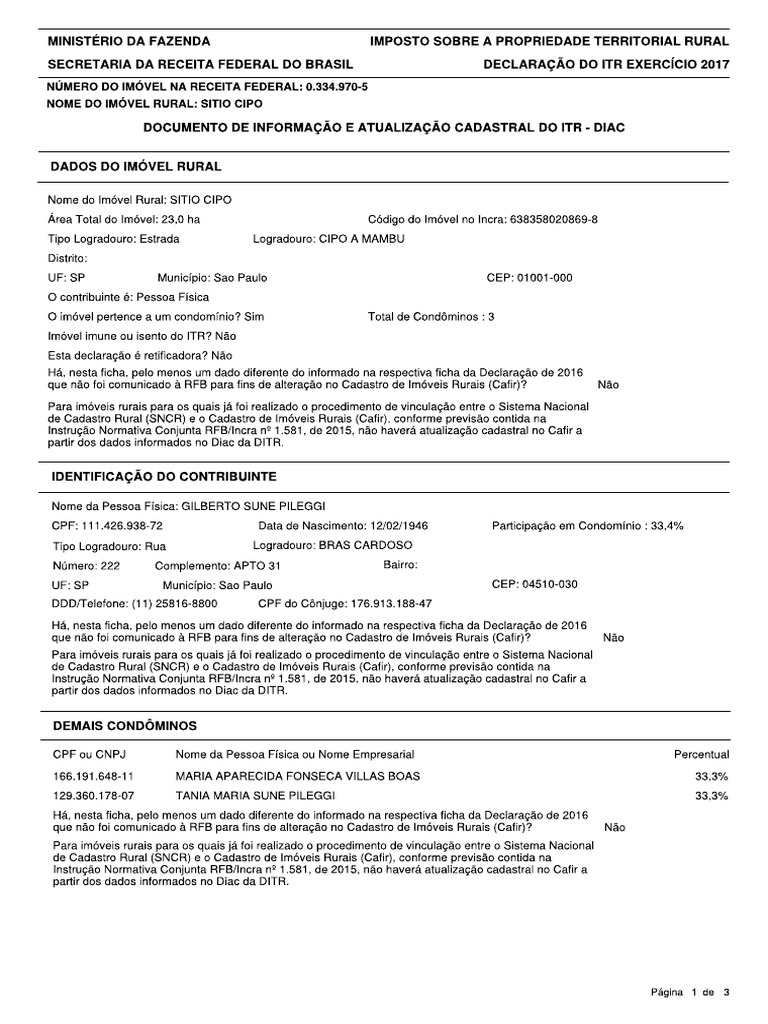 11 - DITR - Declaração Do Imposto Sobre A Propriedade Territorial Rural ...