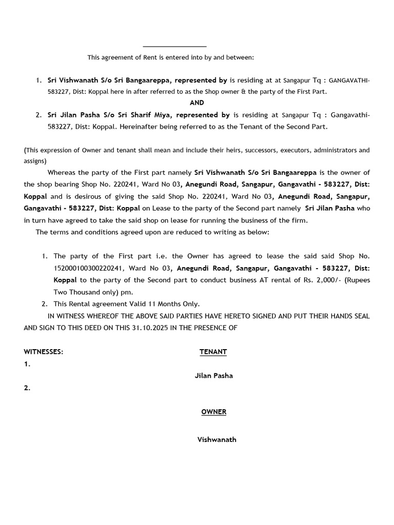 Rent Agreement for Shop Lease in Koppal | PDF