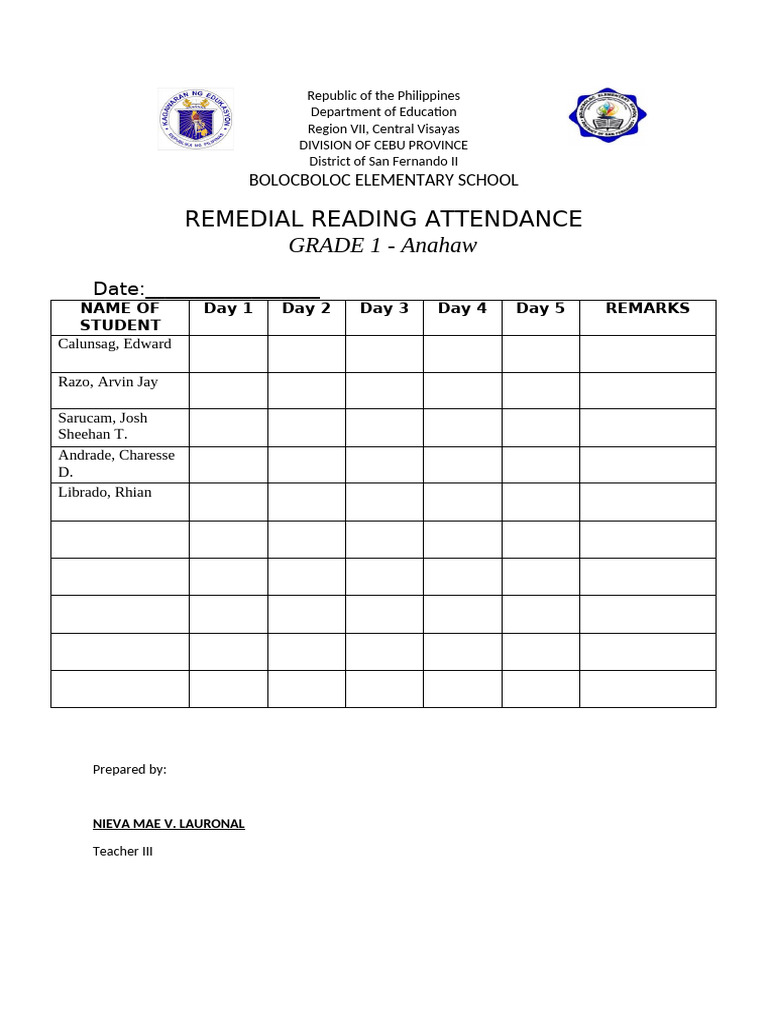 Remedial Reading Attendance 2025-2026 | PDF | Philippines