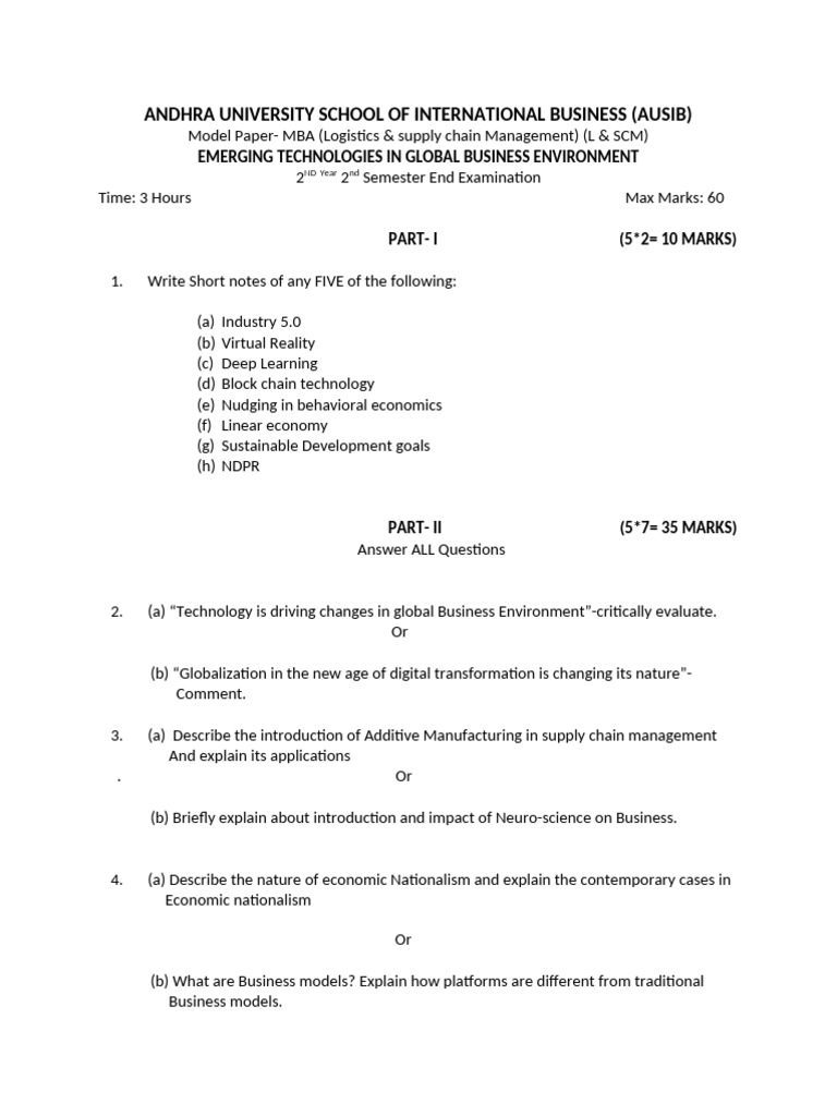 MBA Model Paper: Global Business Tech Trends | PDF | Supply Chain ...