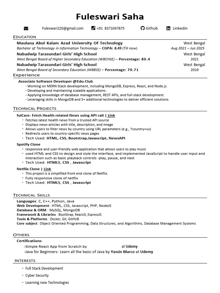 Fuleswari Saha: IT Student & Developer | PDF | Java Script | Software ...