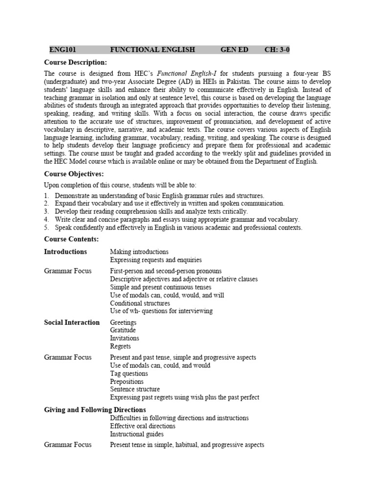 Functional English for BS Semester 1 | PDF | English Language | English ...