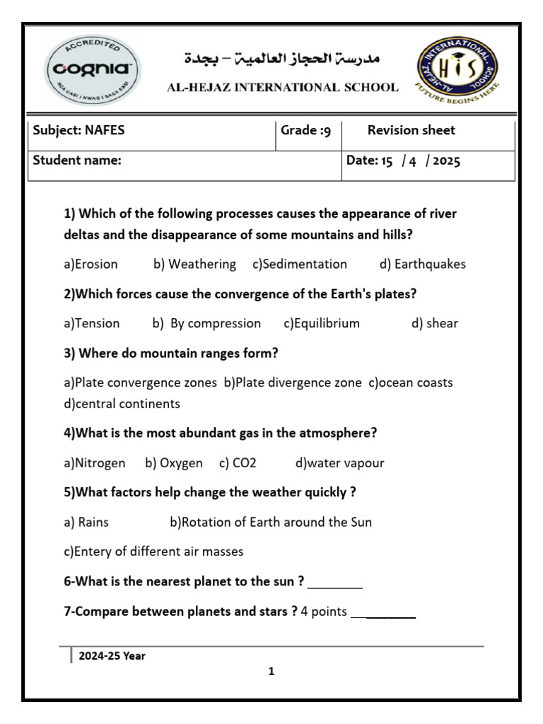 9th Grade Science Revision Sheet 2024-25 | PDF