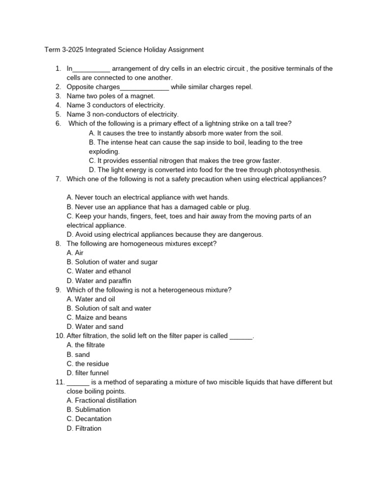 Term 3-2025 Integrated Science Holiday Assignment | PDF