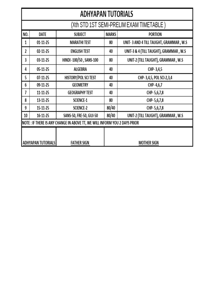 Xth STD 1st Semi-Prelim Exam Schedule | PDF