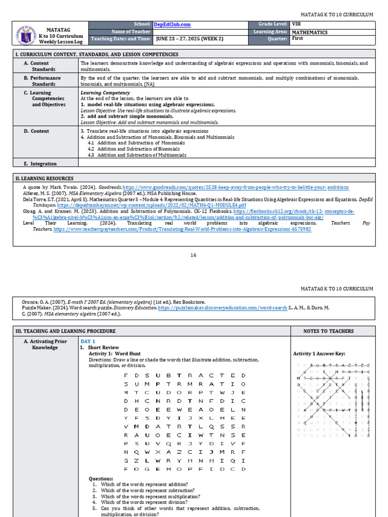 K-10 Math Weekly Lesson Plan: Algebra | PDF | Polynomial | Algebra