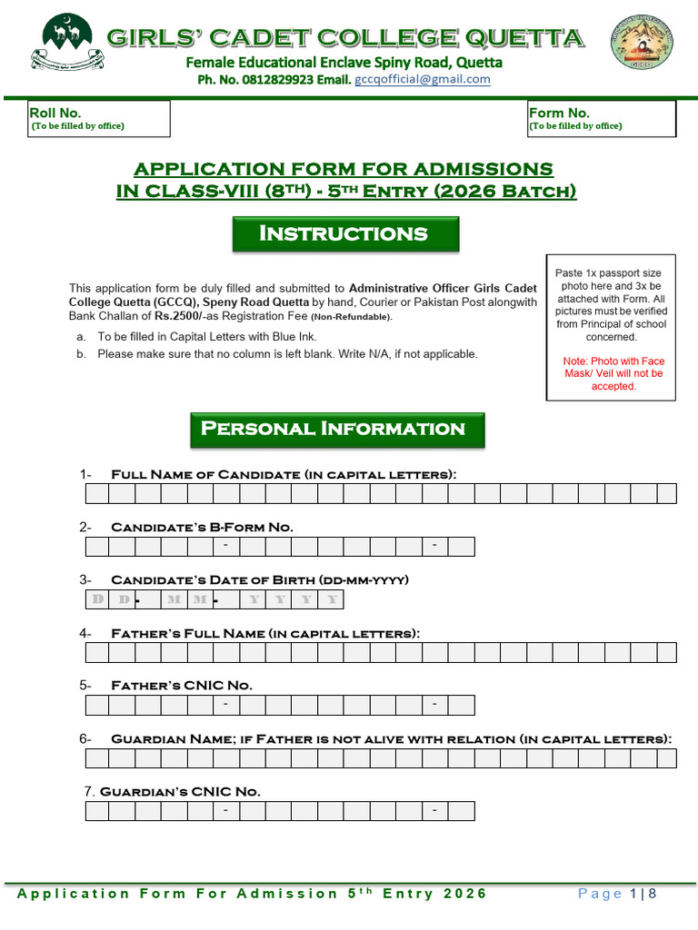 GCCQ Admission Form 2026 for Girls | PDF