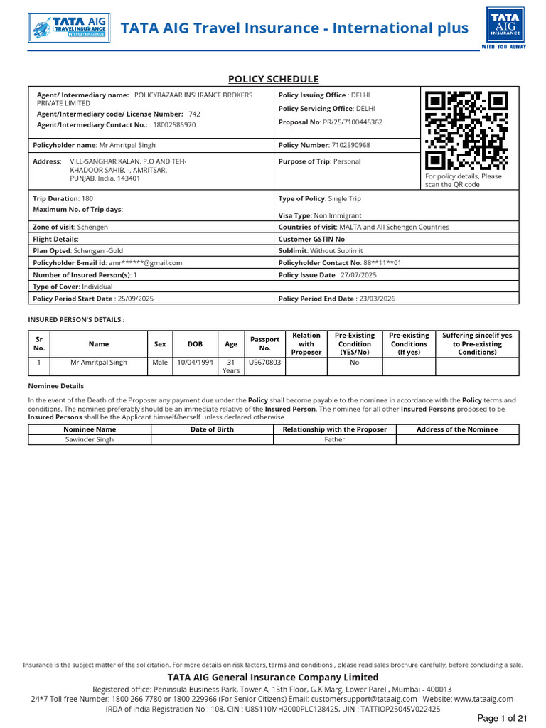 TATA AIG Schengen Travel Insurance Policy | PDF | Insurance | Cheque