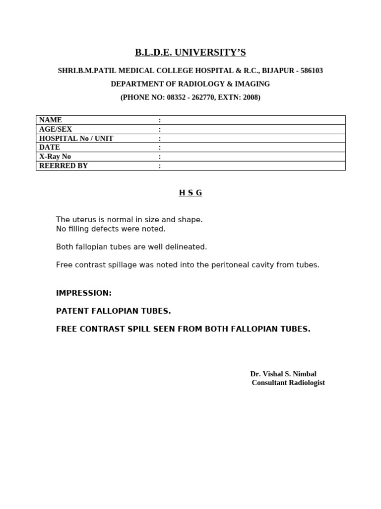 HSG Report: Patent Fallopian Tubes | PDF