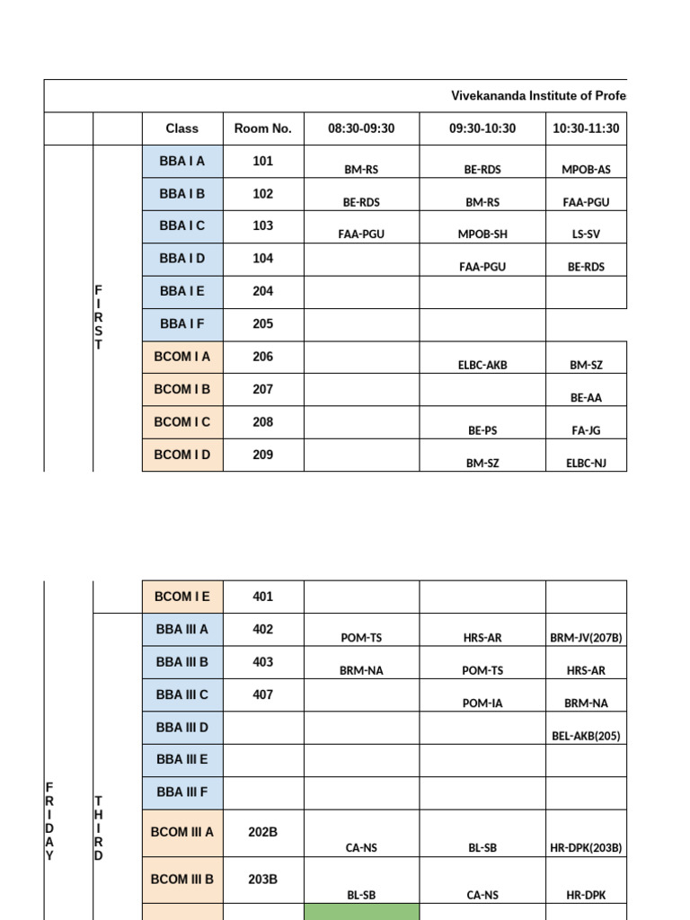 Class Schedule for BBA and BCOM Programs | PDF