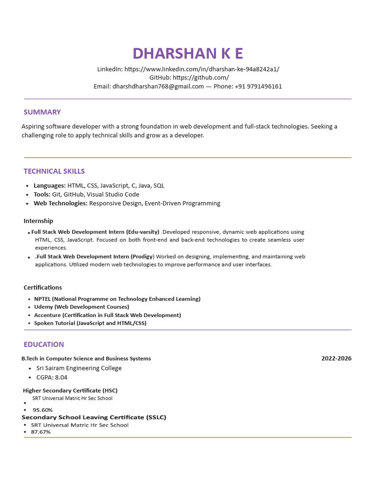 Aspiring Full Stack Developer Resume | PDF