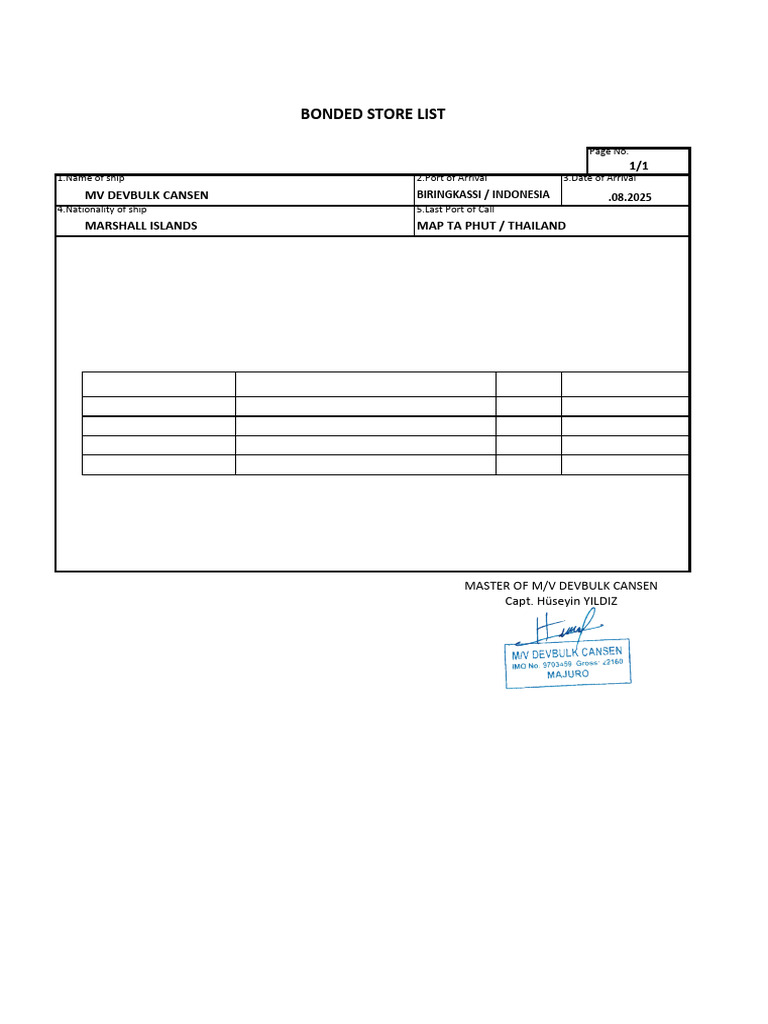 Bonded Store Inventory for MV DEVBULK CANSEN | PDF
