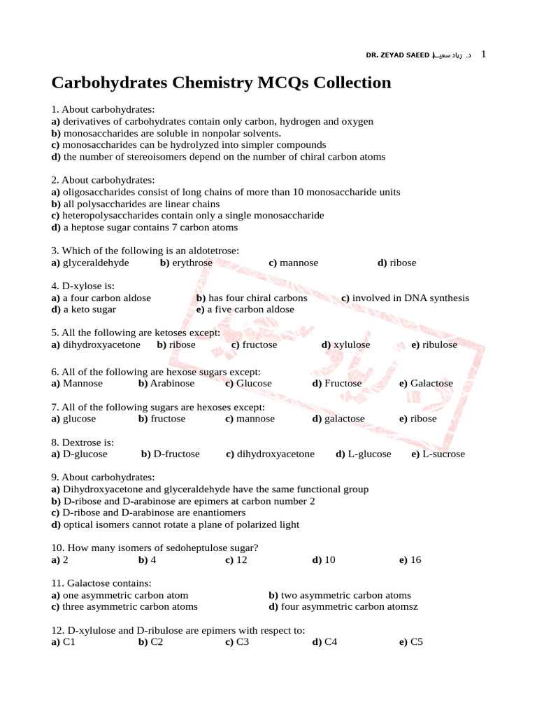 Carbohydrates Chemistry MCQs Guide | PDF | Polysaccharide | Carbohydrates