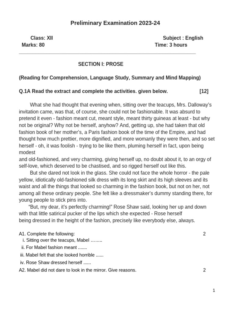 XII Preliminary Examination 2024 | PDF