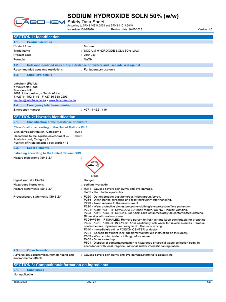 Sodium Hydroxide 50% Safety Data Sheet | PDF | Toxicity | Firefighting